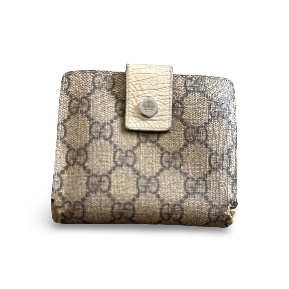 Gucci GG Supreme Compact Wallet brown canvas cream leather silver stud closure